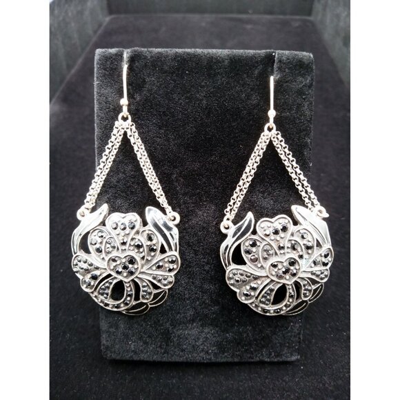 Vintage Silvertone Chain Drop Earrings Black Rhinestone Statement Dangle Gothic - Picture 1 of 14